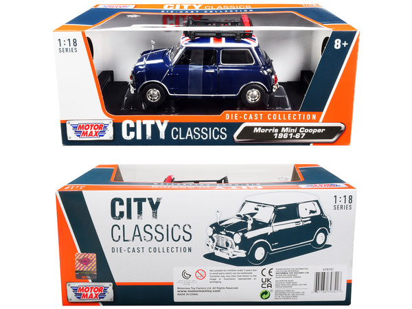 1961-1967 Morris Mini Cooper RHD (Right Hand Drive) Dark Blue with British Flag on the Top and Roof Rack "City Classics" Series 1/18 Diecast Model Car by Motormax