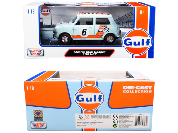 1961-1967 Morris Mini Cooper RHD (Right Hand Drive) #6 "Gulf Oil" Light Blue with Orange Stripes and Checkered Top "City Classics" Series 1/18 Diecast Model Car by Motormax