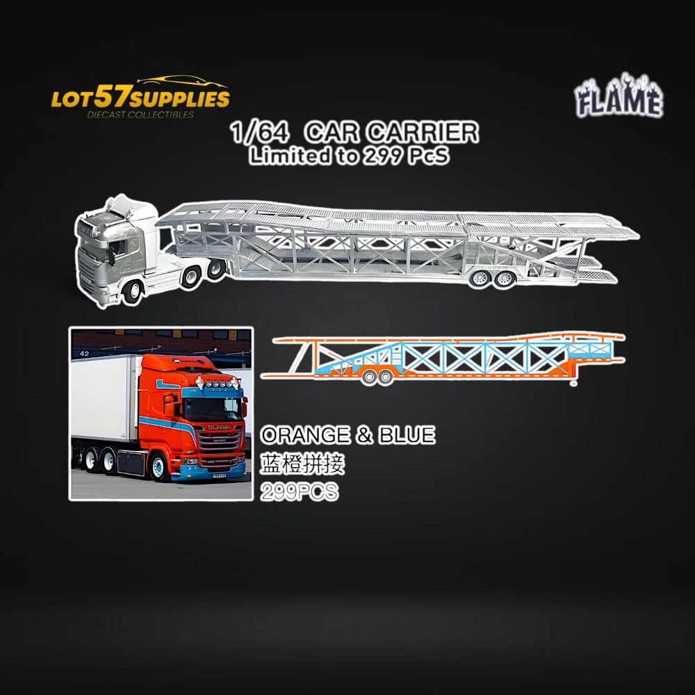 (Pre-Order) Flame Scania Car Carrier Transport Truck Orange Blue 1:64 - Limited to 299 Pcs