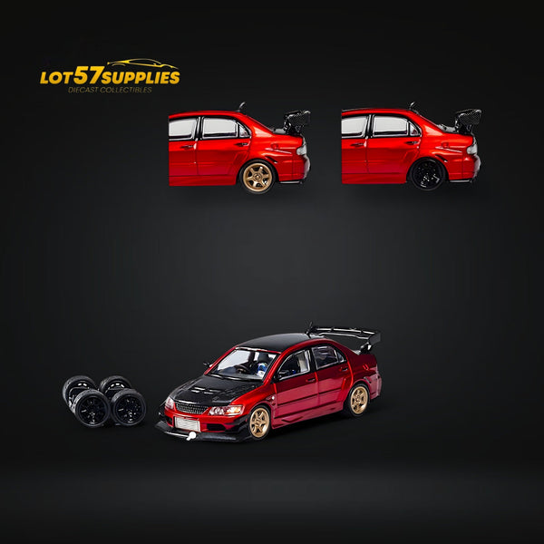 CM Model Mitsubishi Lancer Evolution IX Widebody Metallic Red Carbon Hood 1:64