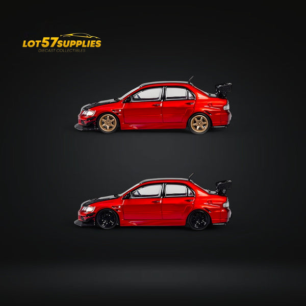 CM Model Mitsubishi Lancer Evolution IX Widebody Metallic Red Carbon Hood 1:64