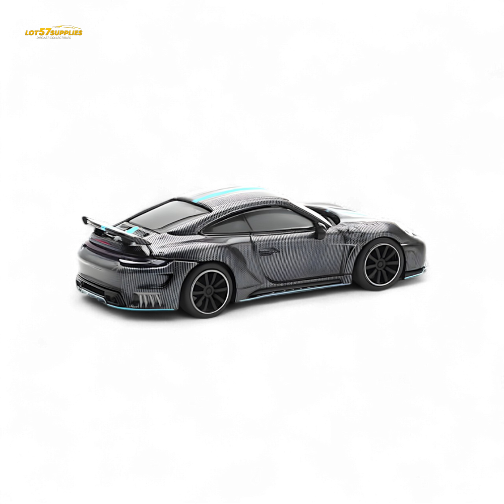 PopRace Porsche 992 Stinger GTR Carbon Edition - Carbon Grey Blue Line 1:64