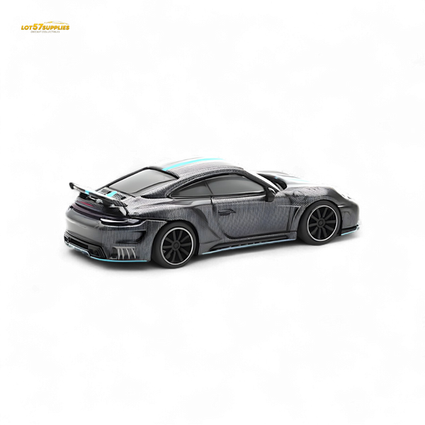 PopRace Porsche 992 Stinger GTR Carbon Edition - Carbon Grey Blue Line 1:64