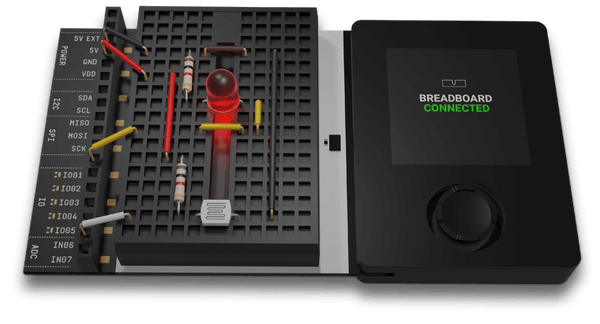 Compact electronic breadboard setup with LED, resistors, and sensor connected to a sleek controller displaying "BREADBOARD CONNECTED," promoting Make: Getting Started with Oxocard Connect - PDF.