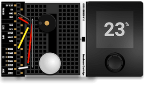 Illustration of an electronic circuit board connected to a compact device displaying 23%, featured in Make: Getting Started with Oxocard Connect - PDF, supporting STEM education and hobbyist exploration.
