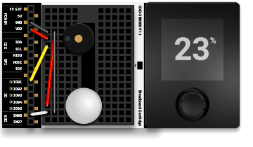 Illustration of an electronic circuit board connected to a compact device displaying 23%, featured in Make: Getting Started with Oxocard Connect - PDF, supporting STEM education and hobbyist exploration.