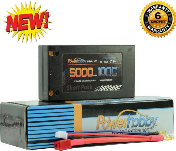 PowerHobby 2S 7.4V 5000mAh 100C Shorty Lipo Battery w 4mm Bullet Connectors