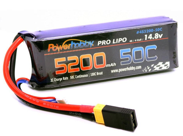 Powerhobby 4s 14.8v 5200mah 50c Lipo Battery w XT60 Plug + Adapter