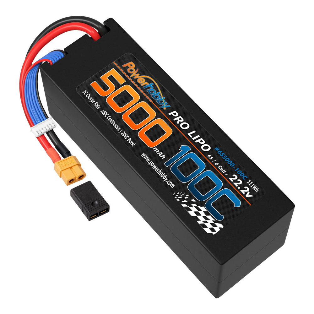 Powerhobby 6s 22.2v 5000mah 100c Lipo Battery w XT60 + Adapter Hard Case 6-Cell