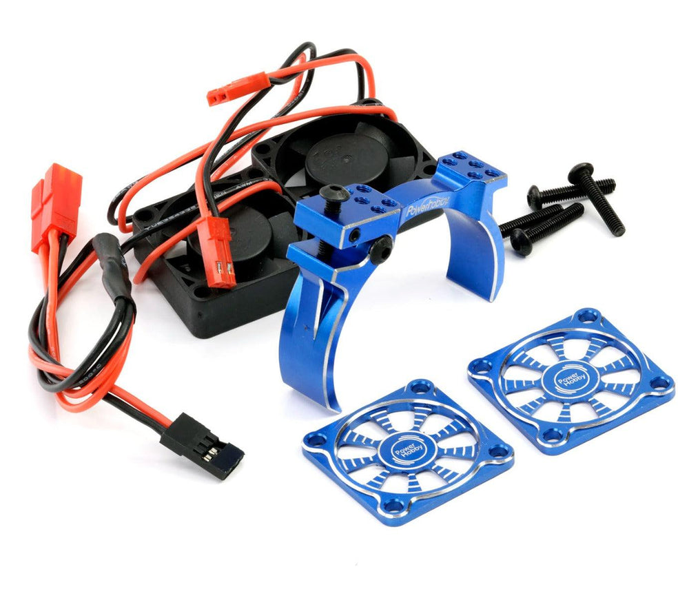 Powerhobby 1/10 Car Aluminum Heatsink 30mm Twin Turbo Cooling Fans Mount BLUE