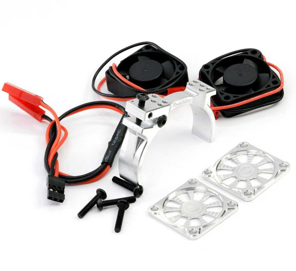 Powerhobby 1/10 Aluminum Heatsink Mount 30mm Twin Turbo Cooling Fans 28K Silver