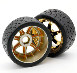 Powerhobby 1/8 Gripper 42/100 Belted Mounted Tires 17mm Gold Wheels