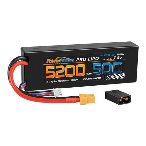 Powerhobby 2s 7.4v 5200mah 50c Lipo Battery w XT60 Plug + Adapter