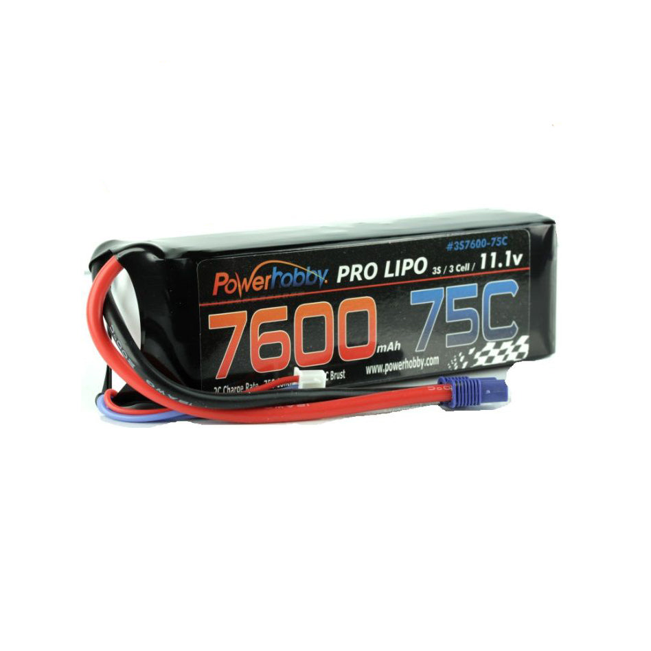Power Hobby 7600mAh 11.1V 3S 75C LiPo Battery with Hardwired EC5