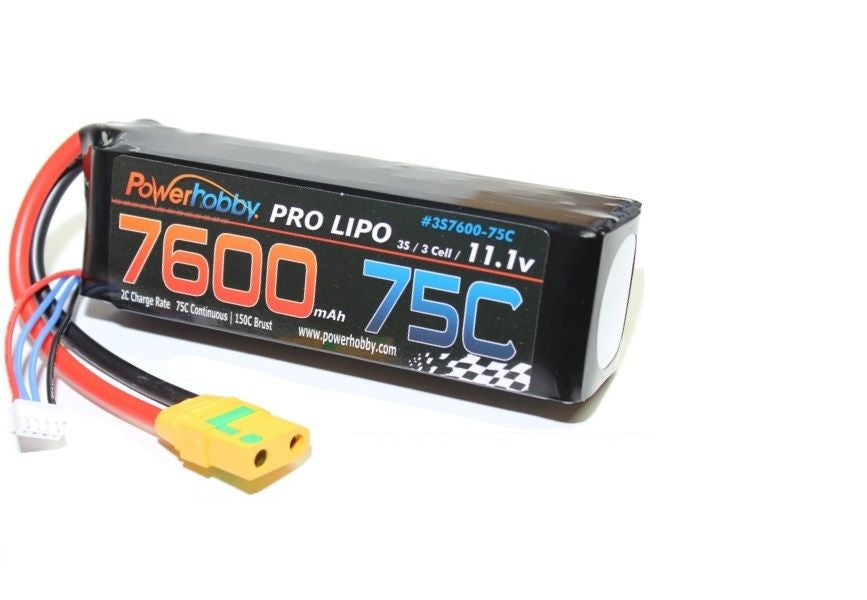 Power Hobby 7600mAh 11.1V 3S 75C LiPo Battery with Hardired XT90