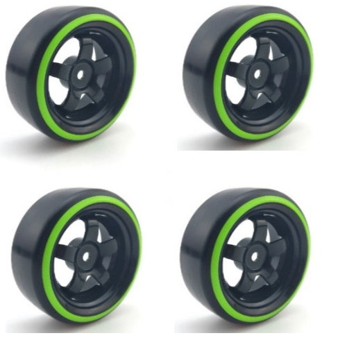 Powerhobby 1/10 Drift Car Slick Mounted Tires / Wheels (4) Green / Black PY165