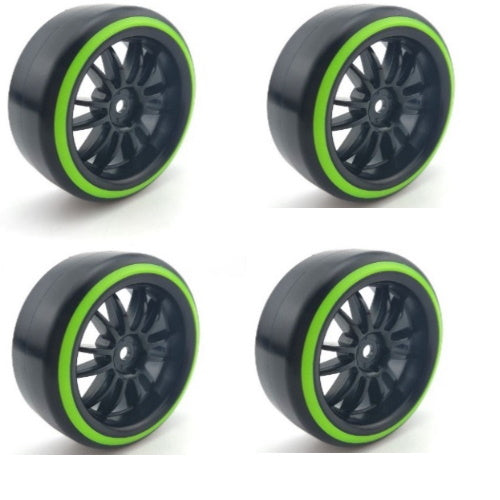 Powerhobby 1/10 Drift Car Slick Mounted Tires / Wheels (4) Green / Black PY178