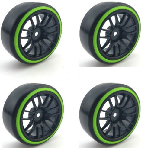 Powerhobby 1/10 Drift Car Slick Mounted Tires / Wheels (4) Green / Black PY179