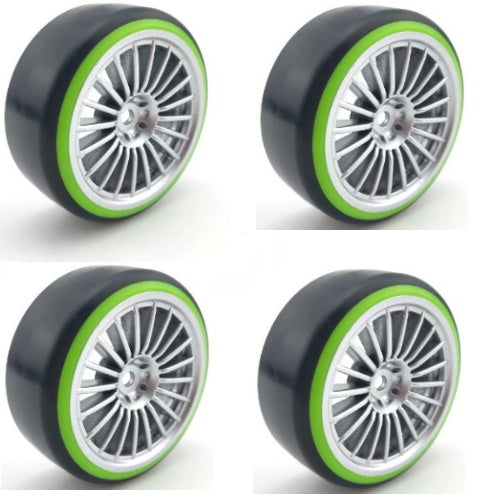 Powerhobby 1/10 Drift Car Slick Mounted Tires / Wheels (4) Green / Silver PY193