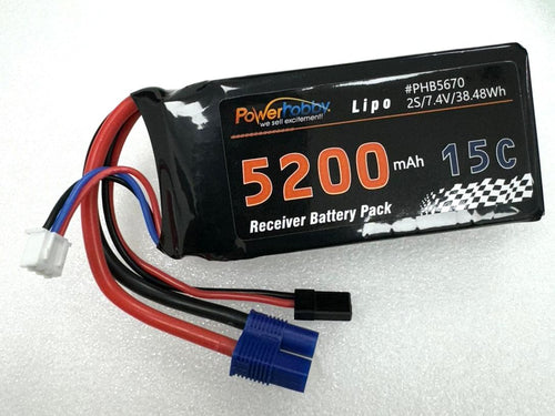 Power Hobby 2S 5200mah 15C LiPo Battery w/EC3 & JR Connector Receiver