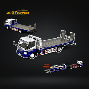 Model flatbed truck with detachable car carrier on a dark background, featuring 'LOT57SUPPLIES' branding.