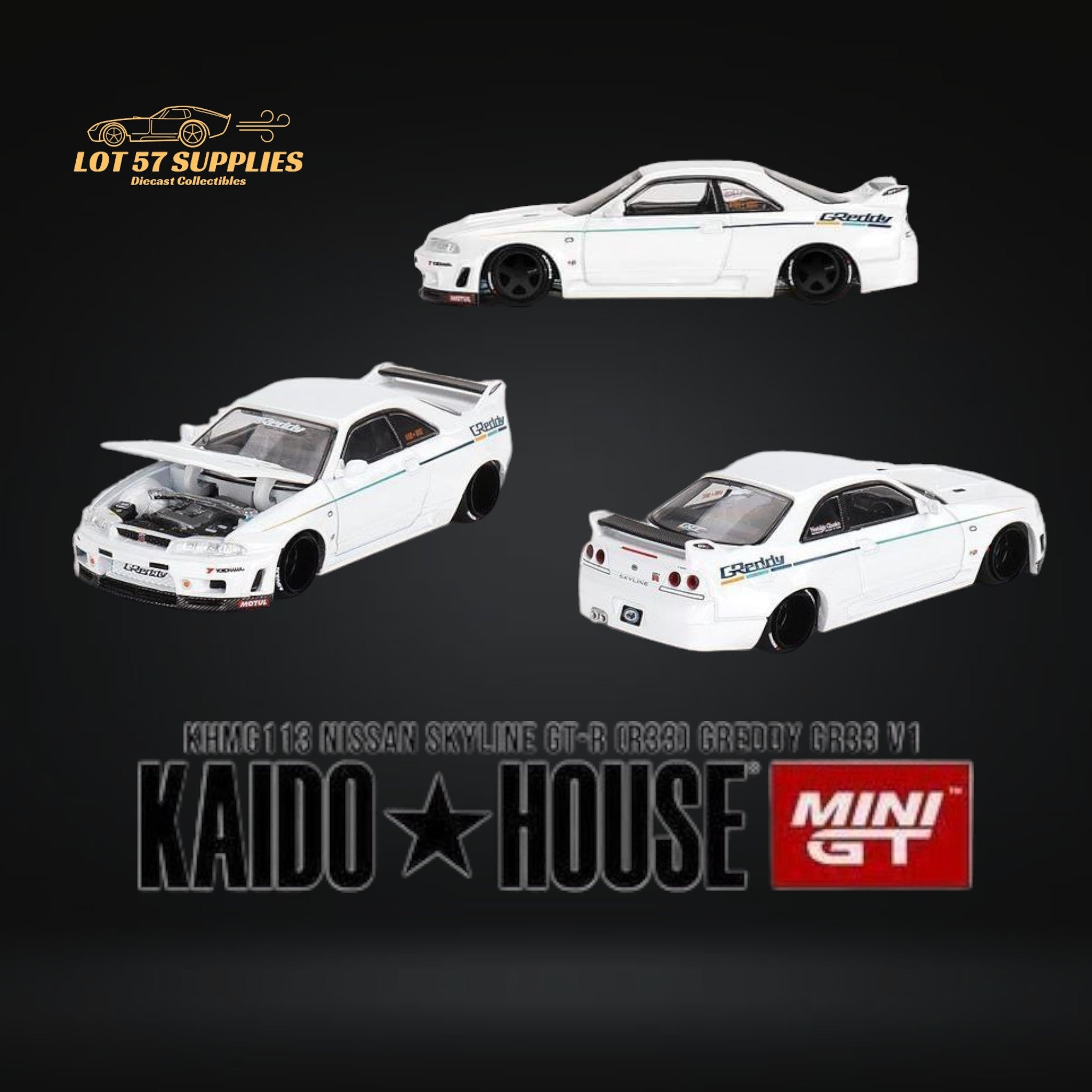 Mini GT x Kaido House Nissan Skyline GT-R R33 GREDDY V1 in White 1:64