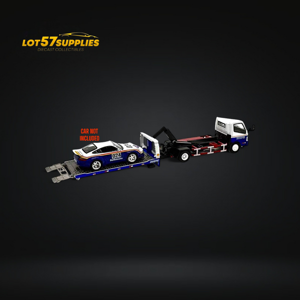 Model tow truck and car on a dark background with 'LOT57 SUPPLIES' branding.