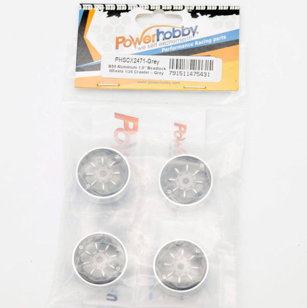 Powerhobby B59 Aluminum Beadlock 1.0” Rock Crawler Wheels Axial SCX24 - Grey