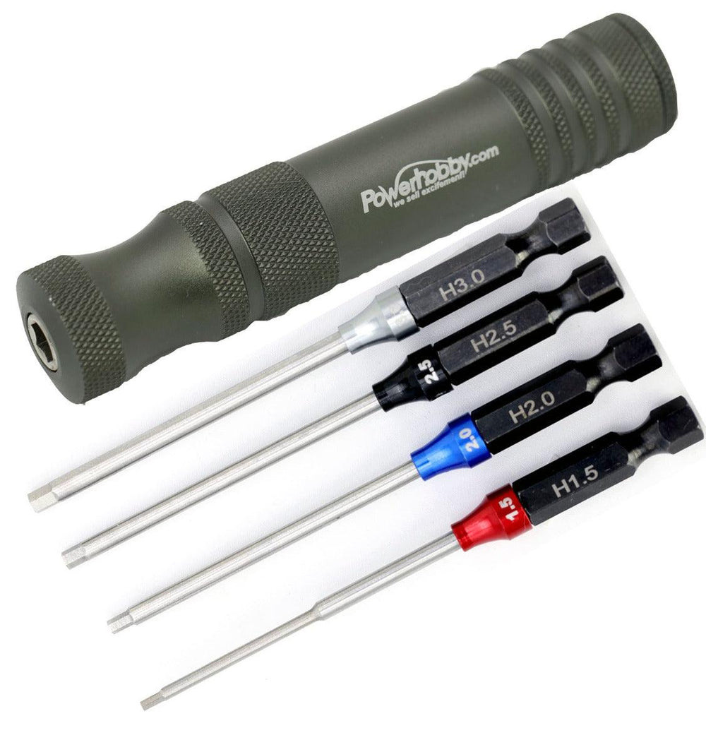 Powerhobby Hex Tip Driver w/Handle 1/4" Tool Set Metric 1.5, 2.0, 2.5, 3.0 mm