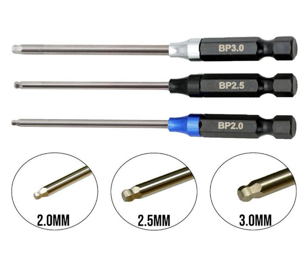 Powerhobby RC Ball End Hex Driver Tip 1/4" Power Tool Set Metric 2.0, 2.5, 3.0mm