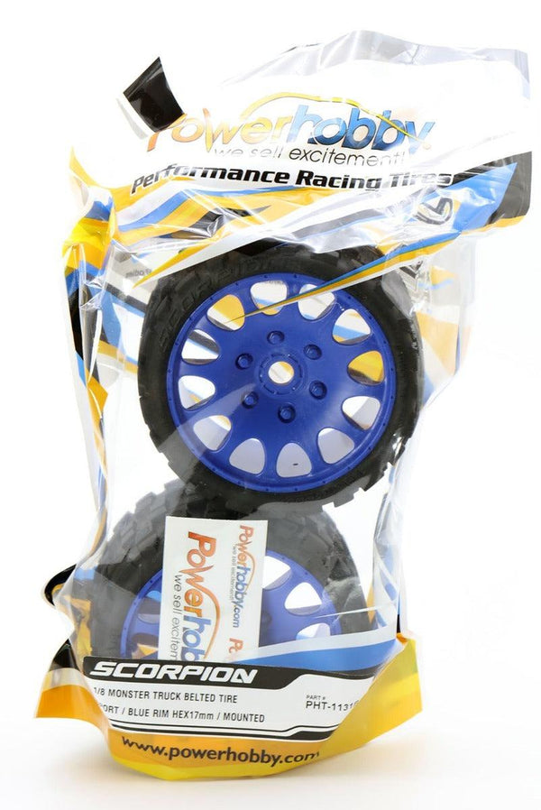 Powerhobby Scorpion Belted Monster Truck Tires / Wheels w 17mm Hex (2) BLUE
