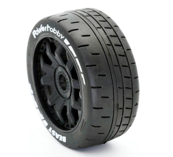 Powerhobby 1/8 GT Beast Belted Mounted Tires 17mm Medium Black Wheels