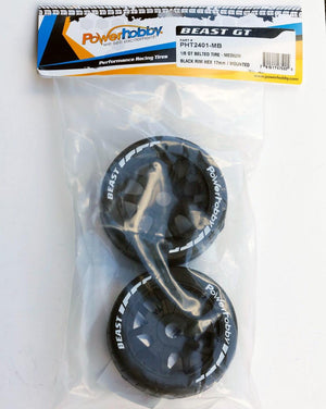 Powerhobby 1/8 GT Beast Belted Mounted Tires 17mm Medium Black Wheels