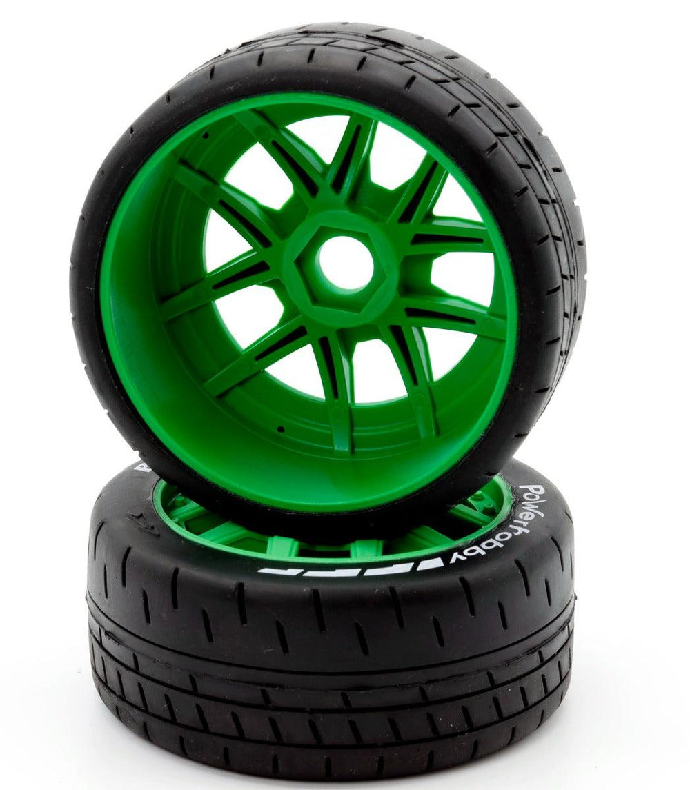 Powerhobby 1/8 GT Beast Belted Mounted Tires 17mm Medium Green Wheels