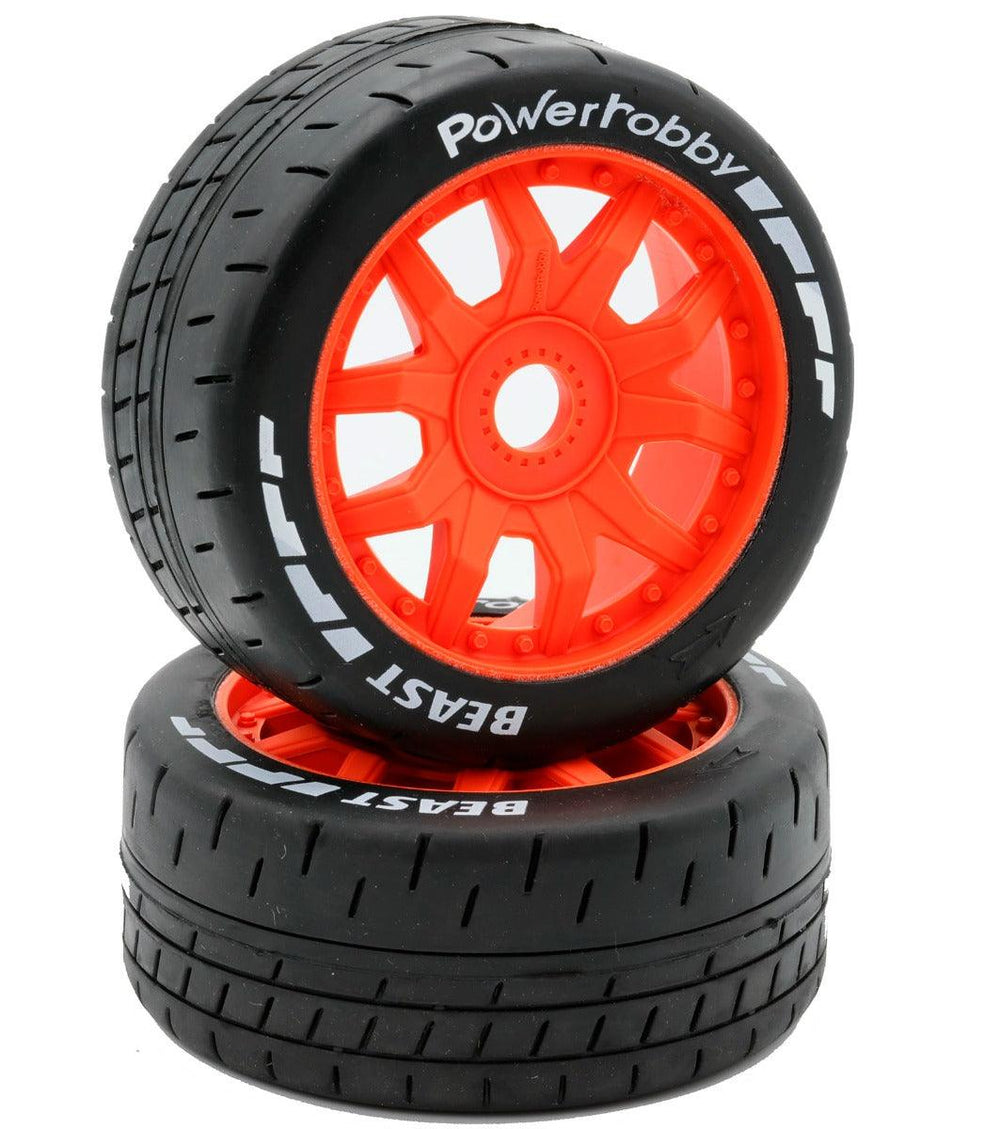 Powerhobby 1/8 GT Beast Belted Mounted Tires 17mm Medium Orange Wheels