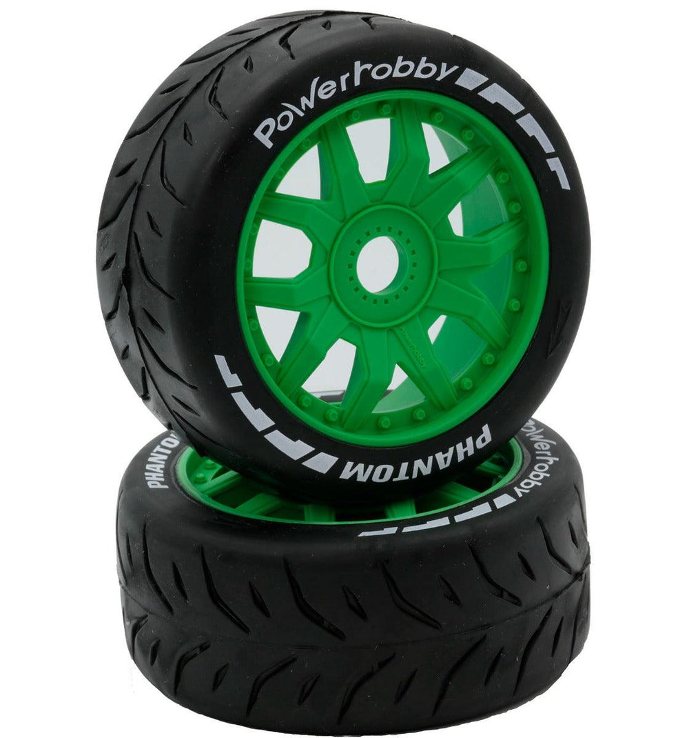Powerhobby 1/8 GT Phantom Belted Mounted Tires 17mm Soft Green Wheels