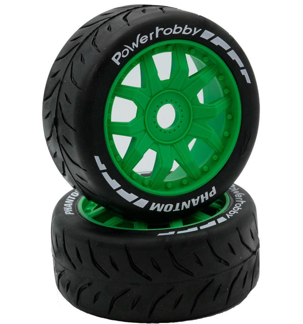 Powerhobby 1/8 GT Phantom Belted Mounted Tires 17mm Soft Green Wheels