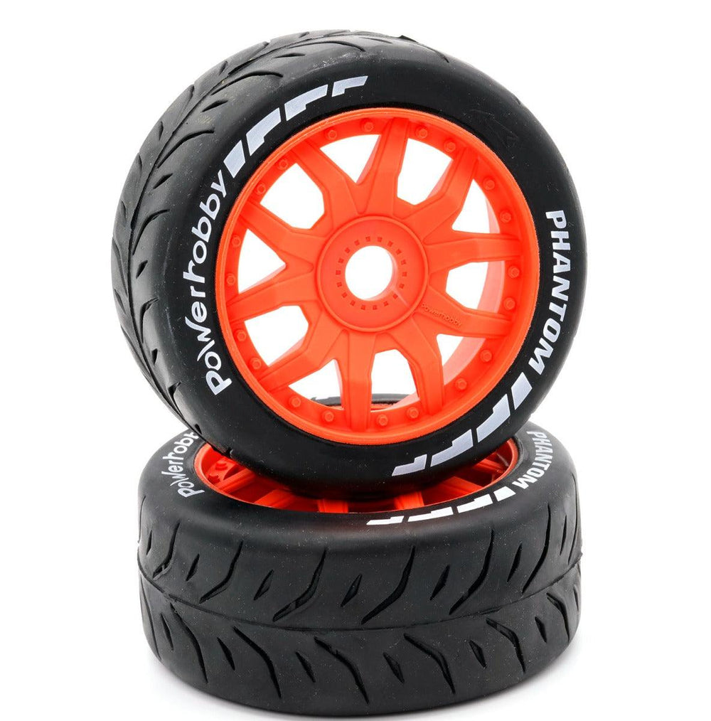 Powerhobby 1/8 GT Phantom Belted Mounted Tires 17mm Soft Orange Wheels