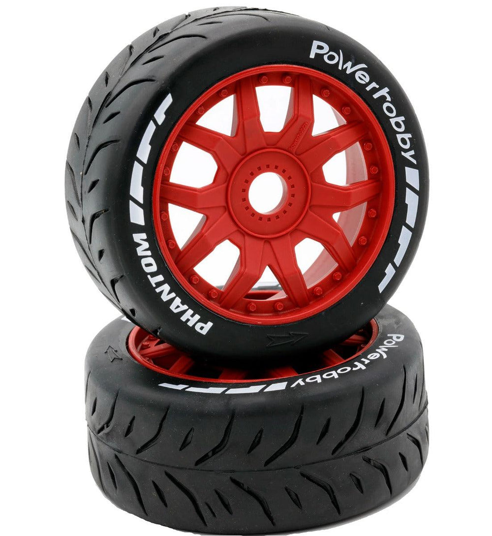 Powerhobby 1/8 GT Phantom Belted Mounted Tires 17mm Medium Red Wheels