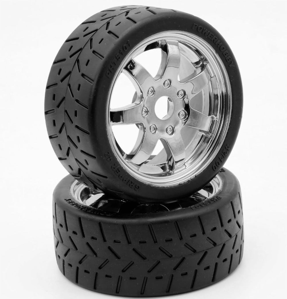 Powerhobby 1/8 Gripper 42/100 Belted Mounted Tires 17mm Chrome Wheels