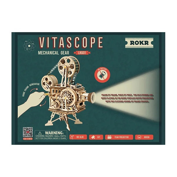Robotime Mechanical Wood Models; Vitascope - working projector, hand-crank generator — DIY Mechanical 3D Puzzle