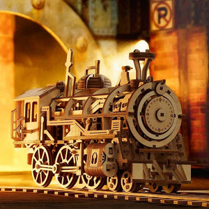 Robotime Mechanical Wood Models; Steam Locomotive - with wind-up spring — DIY Mechanical 3D Puzzle