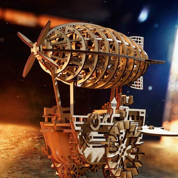 Robotime Mechanical Wood Models; Airship Air Vehicle - with wind-up spring — DIY Mechanical 3D Puzzle