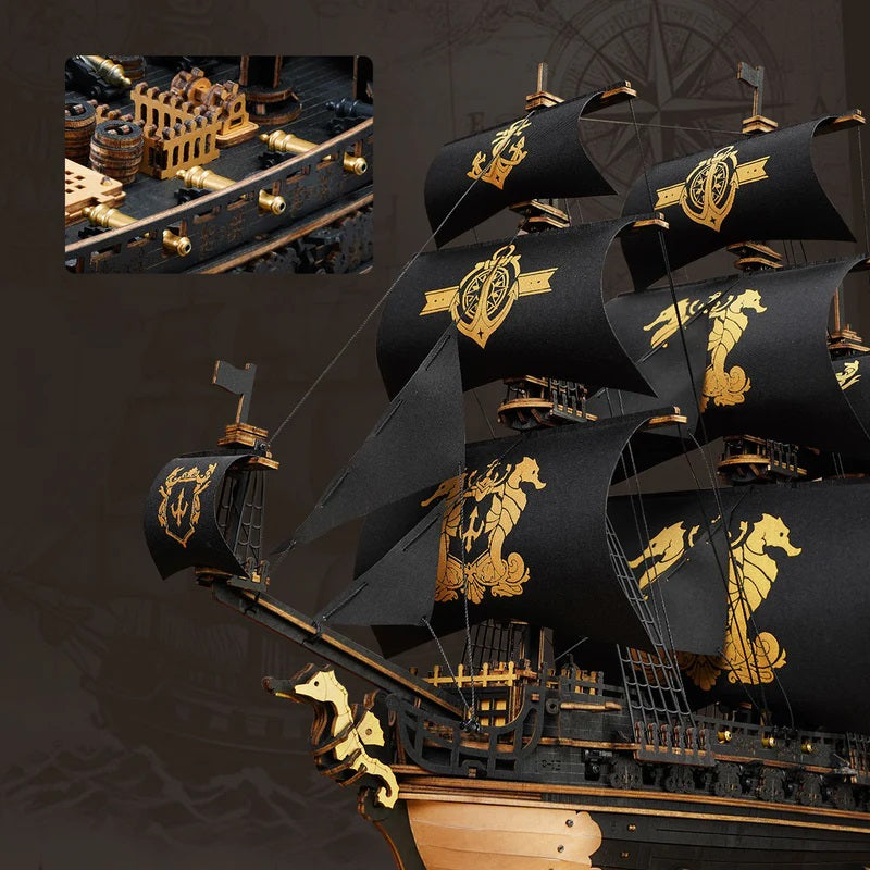 Robotime - The Seahorse Barque Sailing Ship Scale Model Vehicle — 3D Wooden Puzzle