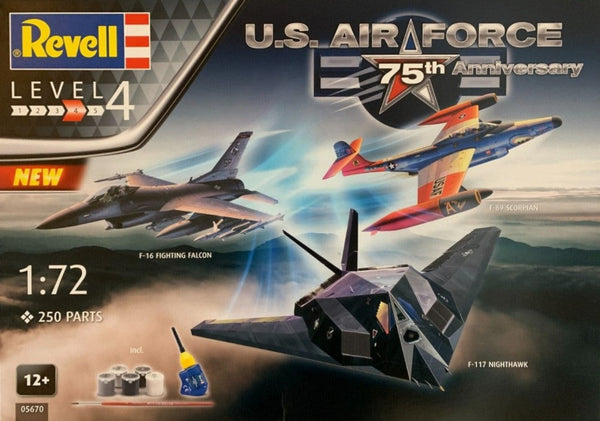Black Forest® Hobby Supply Co Revell 5670 1/72 F89, F117, F16 USAF Fighter 75th Anniversary w/paint & glue — Military