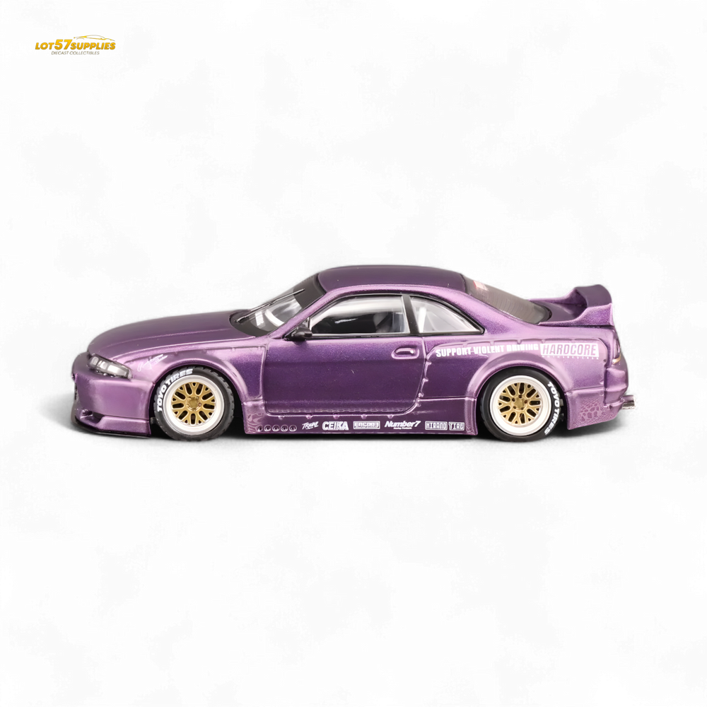 Purple model car with gold wheels on a white background, featuring a clear box packaging.