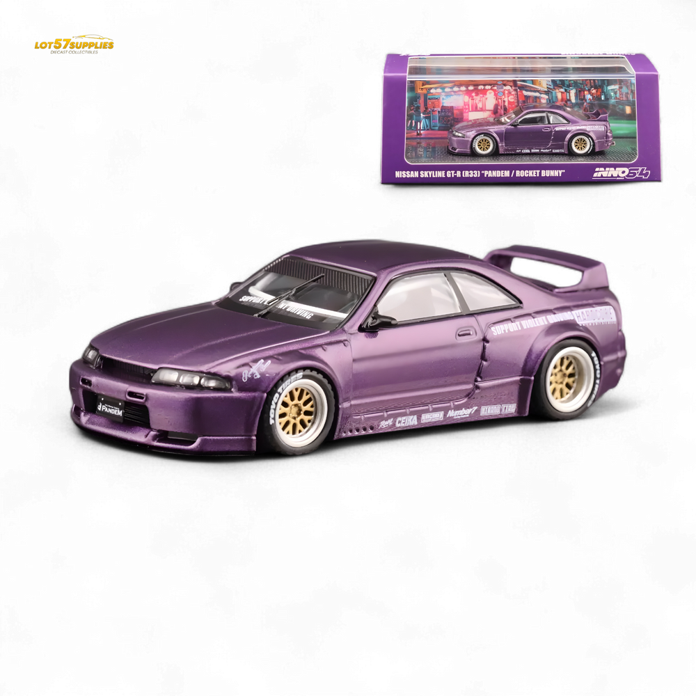 Purple model car with gold wheels on a white background, featuring a clear box packaging.