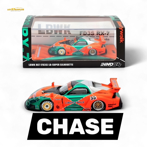 Inno64 CHASE Mazda RX-7 LBWK FD3S Orange/Green MDX 24' 1:64
