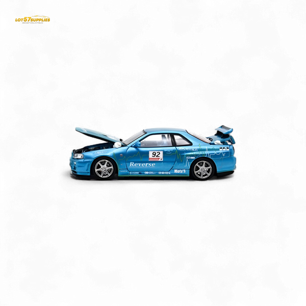 Blue model car with open hood on a white background