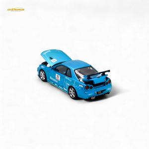 Blue toy car with open hood on a white background